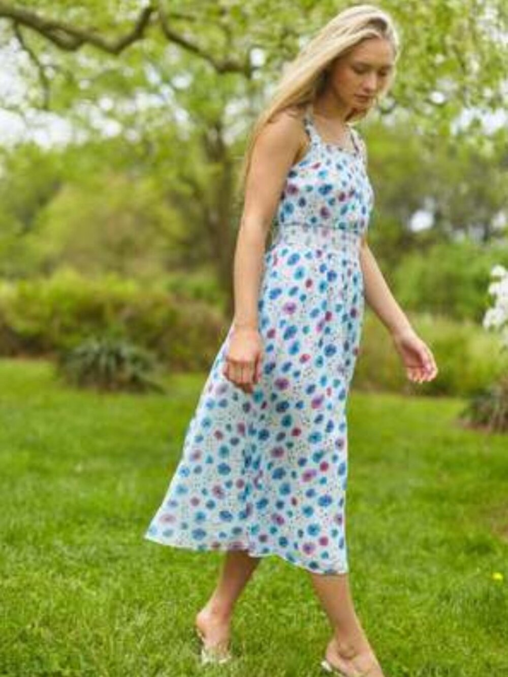 LoveShackFancy Pasha Deep Cotton Candy Floral Midi Dress White/Pink/Blue Small